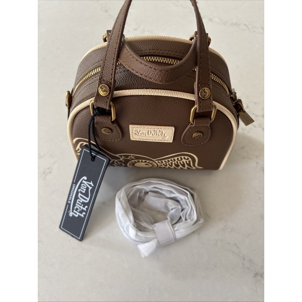 Von Dutch Brown Bowler Top Handle Bag Logo Accent Zip Closure Crossbody Strap - Picture 2 of 7